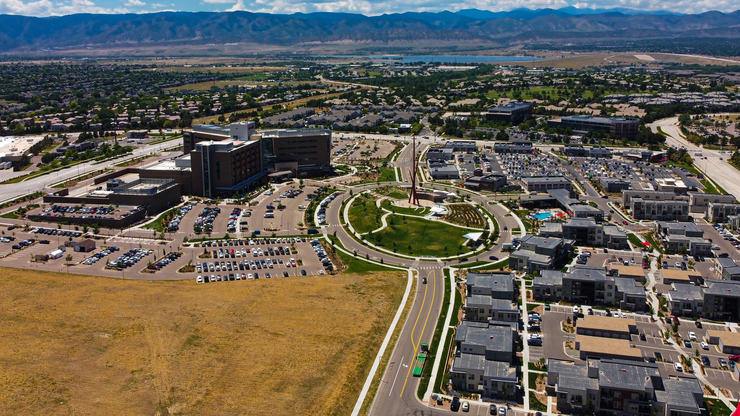 Highlands Ranch, Colorado, from the air, with the Front Range on the horizon